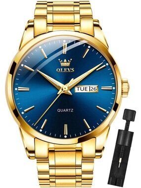 Men's Gold Blue Analog Quartz Stainless Steel Luxury Luminous Waterproof Watch